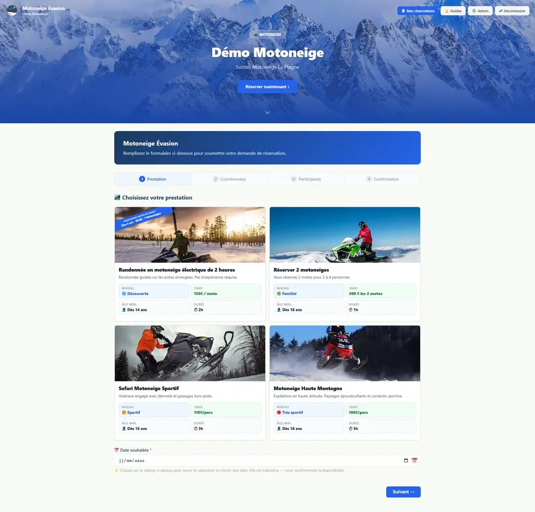 Page de réservation Outdoor Booking en démo, avec plusieurs sorties en motoneige