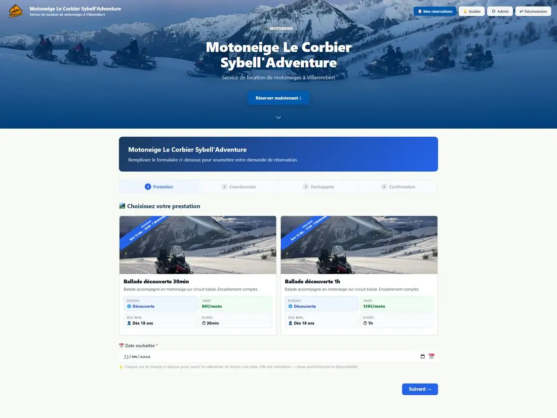 Page de réservation Outdoor Booking de Sybell'Adventure, location de motoneiges